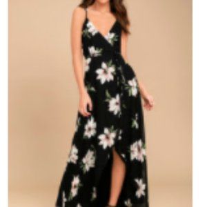 LULUS Black FLORAL PRINT HIGH-LOW WRAP DRESS